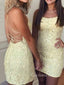 Spaghetti Straps Yellow Appliques Backless Short Homecoming Dresses, HM1052