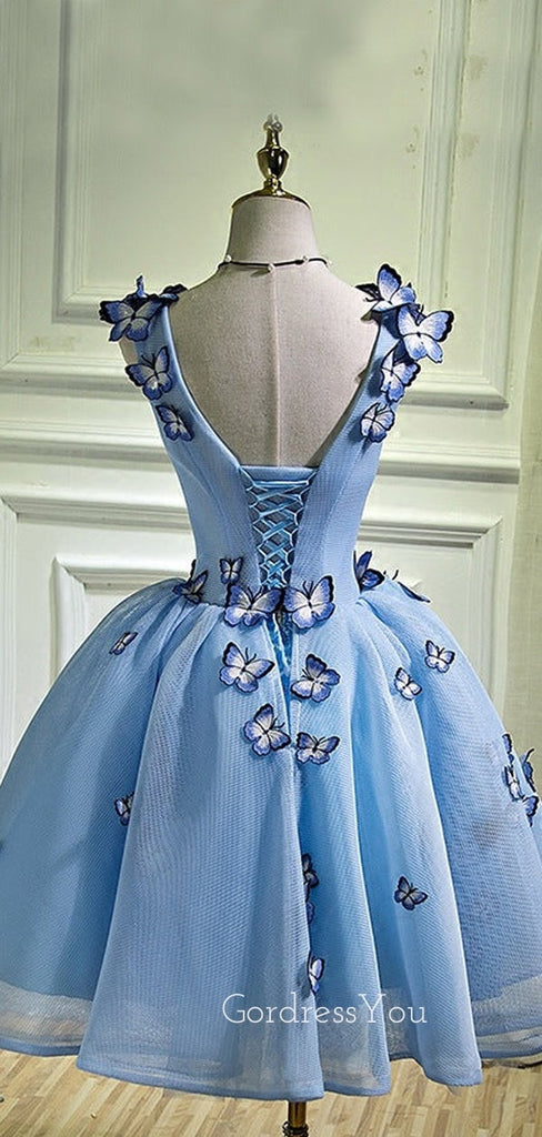 A-line Sky Blue Tulle Appliques V-neck Short Homecoming Dresses, HM1054