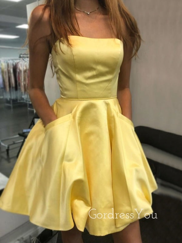 Yellow Satin Strapless A-line Short Backless Homecoming Dresses, HM1055