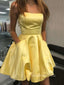 Yellow Satin Strapless A-line Short Backless Homecoming Dresses, HM1055