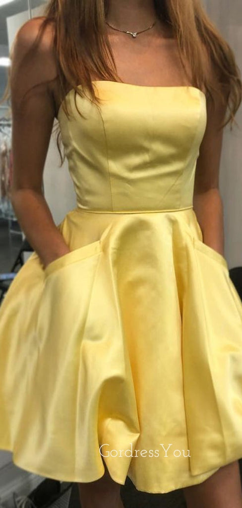 Yellow Satin Strapless A-line Short Backless Homecoming Dresses, HM1055