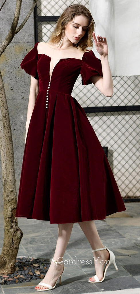 Dark red Velvet V-neck A-line Short Homecoming Dresses, HM1056