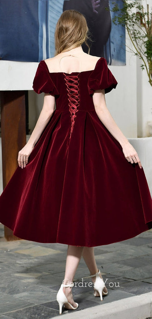 Dark red Velvet V-neck A-line Short Homecoming Dresses, HM1056