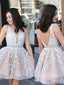 V-back A-line Champagne Tulle Appliques Short V-neck Homecoming Dresses, HM1057