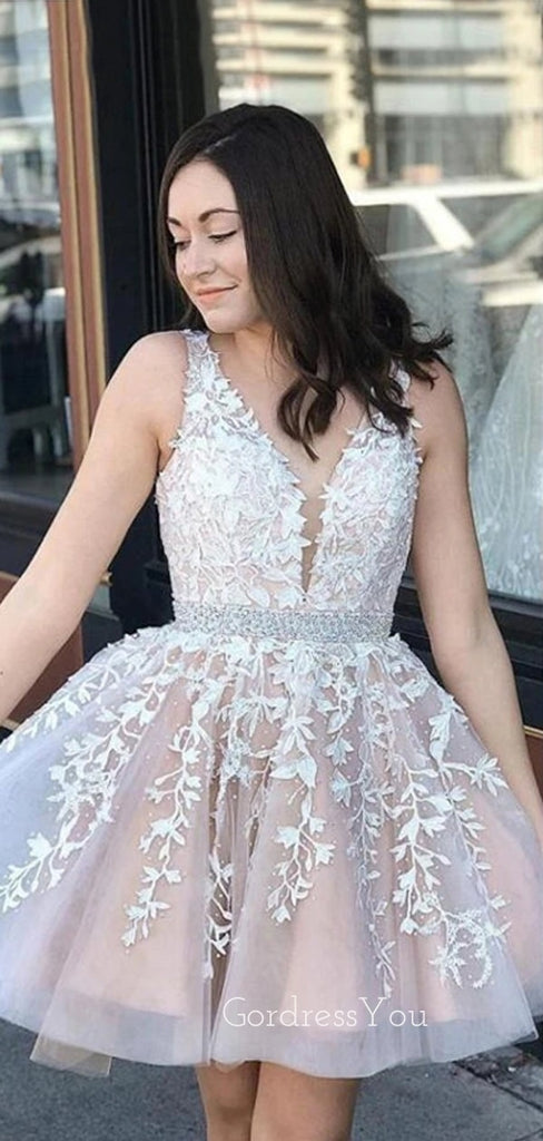 V-back A-line Champagne Tulle Appliques Short V-neck Homecoming Dresses, HM1057