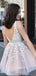 V-back A-line Champagne Tulle Appliques Short V-neck Homecoming Dresses, HM1057