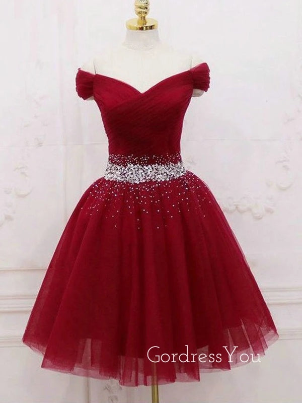 Red Tulle A-line Off Shoulder Beaded Short Homecoming Dresses, HM1059