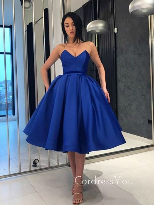 Royal Blue Satin Strapless A-line Short Backless Homecoming Dresses, HM1060