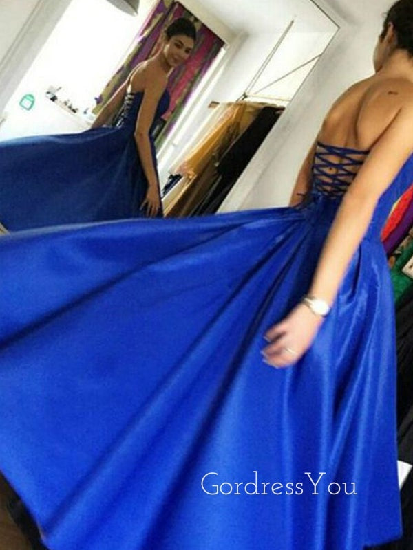 Royal Blue Satin Strapless A-line Short Backless Homecoming Dresses, HM1060