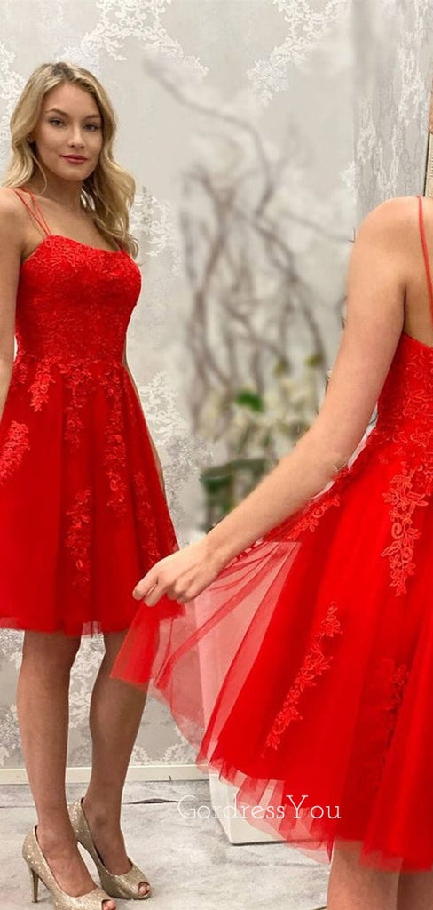 Red Tulle Appliques Spaghetti Straps A-line Short Backless Homecoming Dresses, HM1061