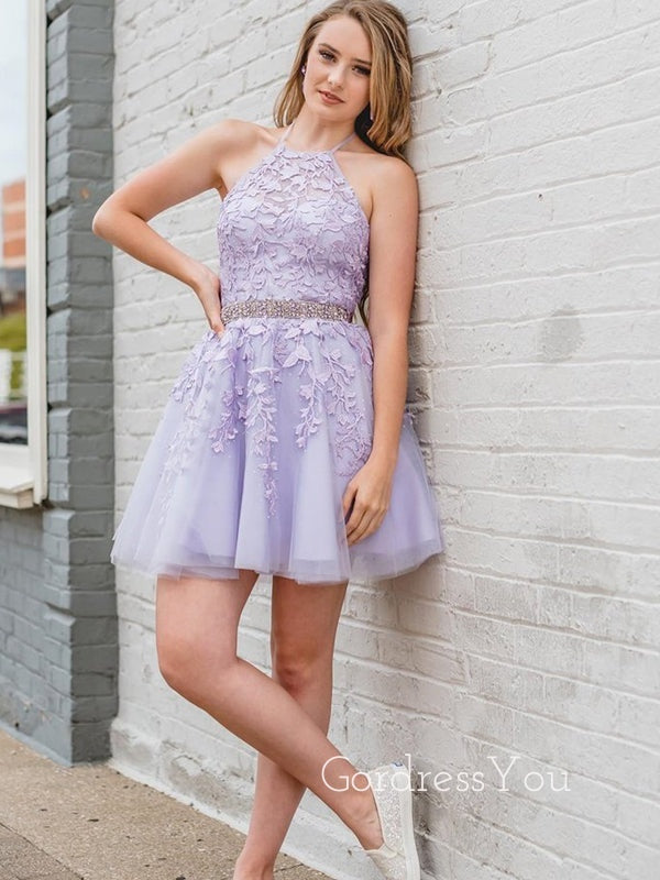 Lavender Tulle Appliques Beaded Short Halter Homecoming Dresses, HM1062