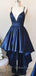 Spaghetti Straps Navy Blue Satin High-low A-line Short V-neck Homecoming Dresses, HM1064