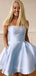 Sky Blue Satin Beaded Strapless A-line Short Backless Homecoming Dresses, HM1065