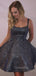 Dark Navy Sparkly Spaghetti Straps A-line Short Backless Homecoming Dresses, HM1066