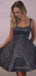 Dark Navy Sparkly Spaghetti Straps A-line Short Backless Homecoming Dresses, HM1066