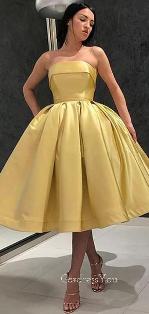 Gold Satin Strapless A-line Short Backless Homecoming Dresses, HM1067