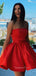 Red Satin Strapless A-line Short Backless Homecoming Dresses, HM1068