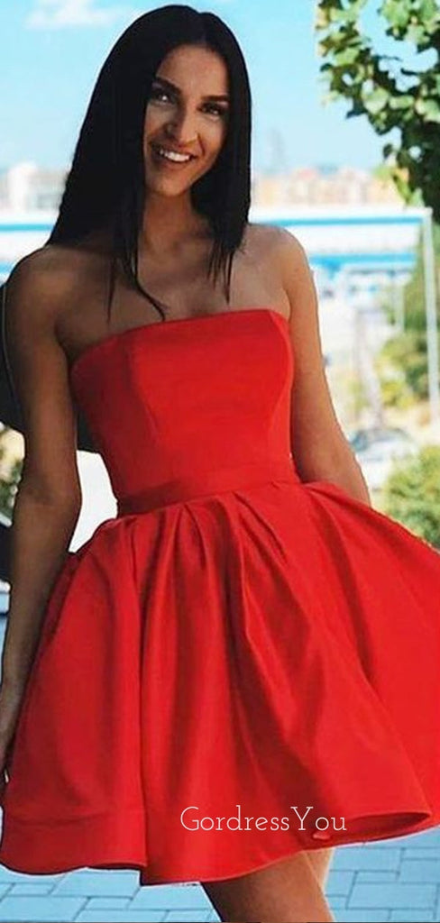 Red Satin Strapless A-line Short Backless Homecoming Dresses, HM1068