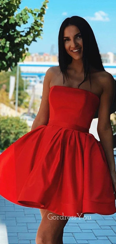 Red Satin Strapless A-line Short Backless Homecoming Dresses, HM1068