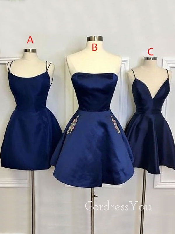 Navy Blue Satin A-line Short Backless Homecoming Dresses, HM1069