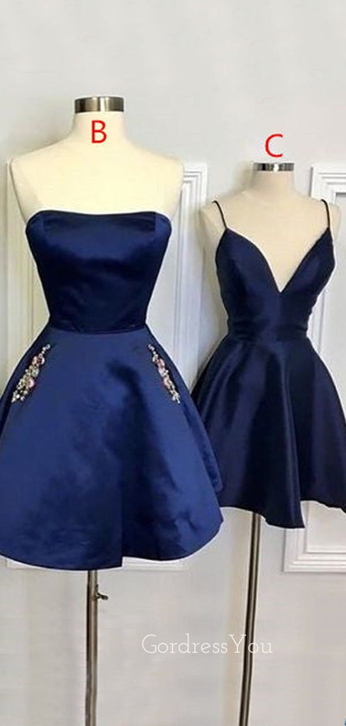 Navy Blue Satin A-line Short Backless Homecoming Dresses, HM1069