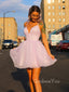 Pink Sparkly Spaghetti Straps A-line Short V-neck Homecoming Dresses, HM1072