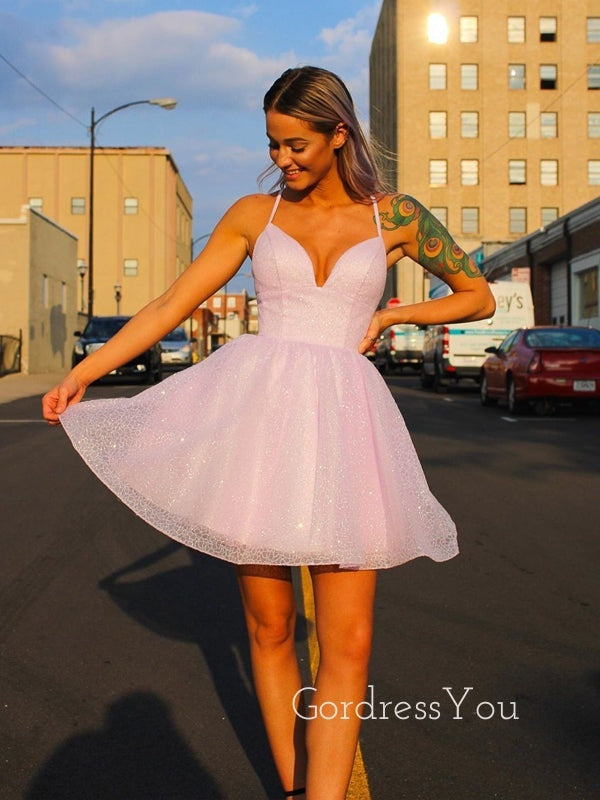 Pink Sparkly Spaghetti Straps A-line Short V-neck Homecoming Dresses, HM1072