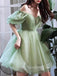 Off Shoulder A-line Tulle Half Sleeves Short Homecoming Dresses, HM1073