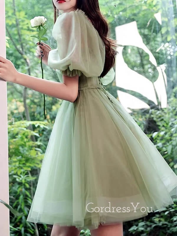 Off Shoulder A-line Tulle Half Sleeves Short Homecoming Dresses, HM1073