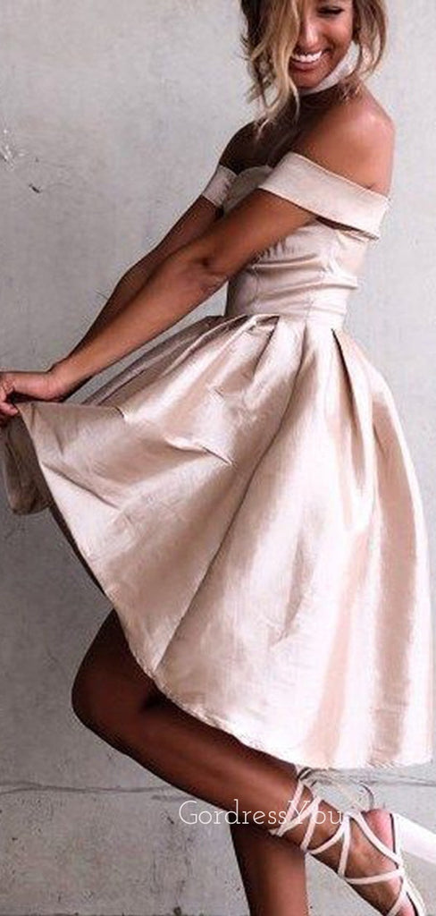 Off Shoulder A-line Satin Short Homecoming Dresses, HM1075