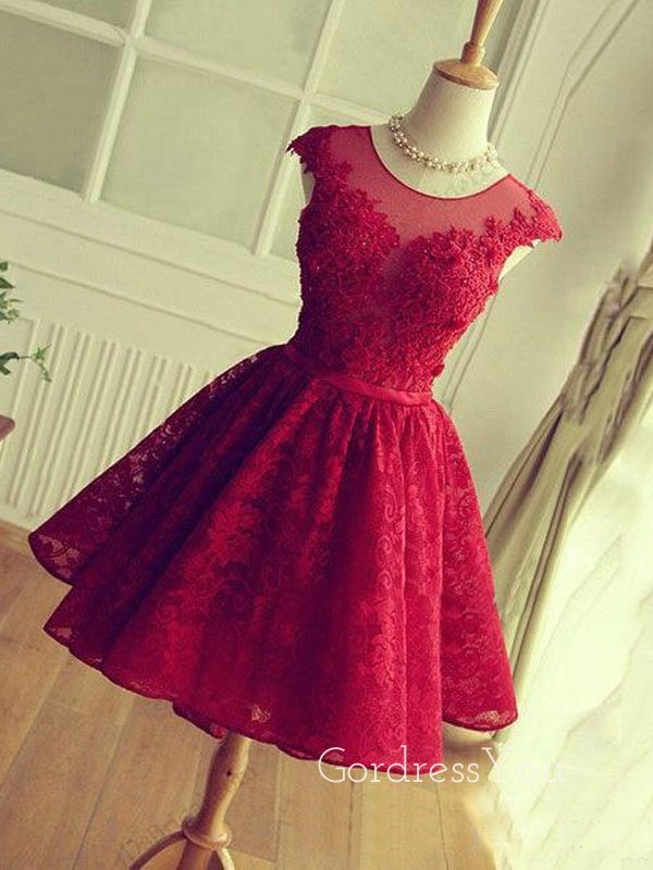 A-line Red Tulle Lace Appliques Short Homecoming Dresses, HM1076