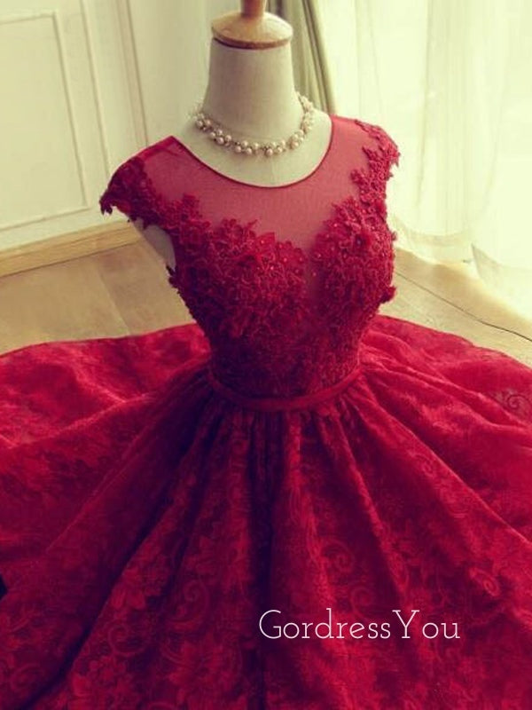 A-line Red Tulle Lace Appliques Short Homecoming Dresses, HM1076