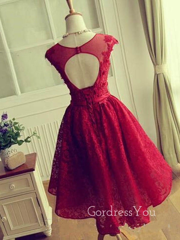 A-line Red Tulle Lace Appliques Short Homecoming Dresses, HM1076