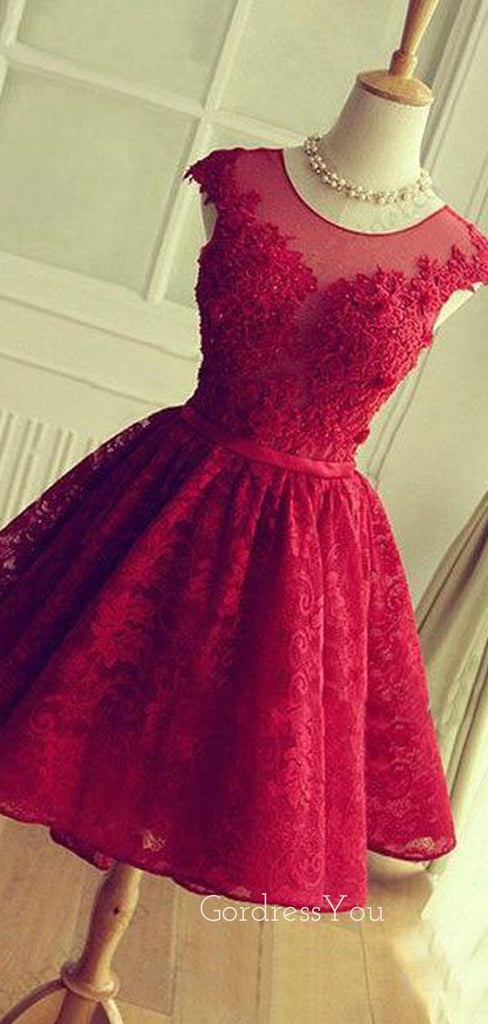 A-line Red Tulle Lace Appliques Short Homecoming Dresses, HM1076