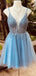 Spaghetti Straps Blue Tulle Beaded Homecoming Dresses, HM1081