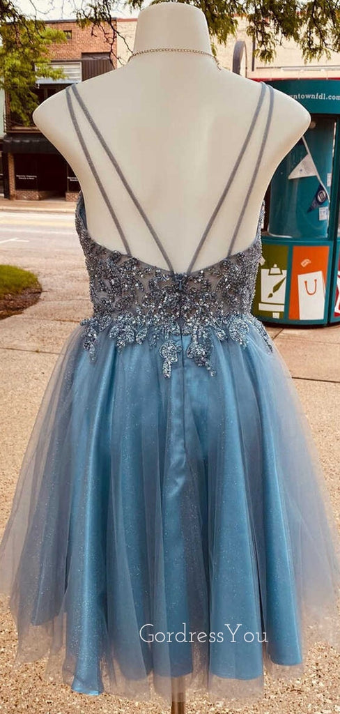 Spaghetti Straps Blue Tulle Beaded Homecoming Dresses, HM1081