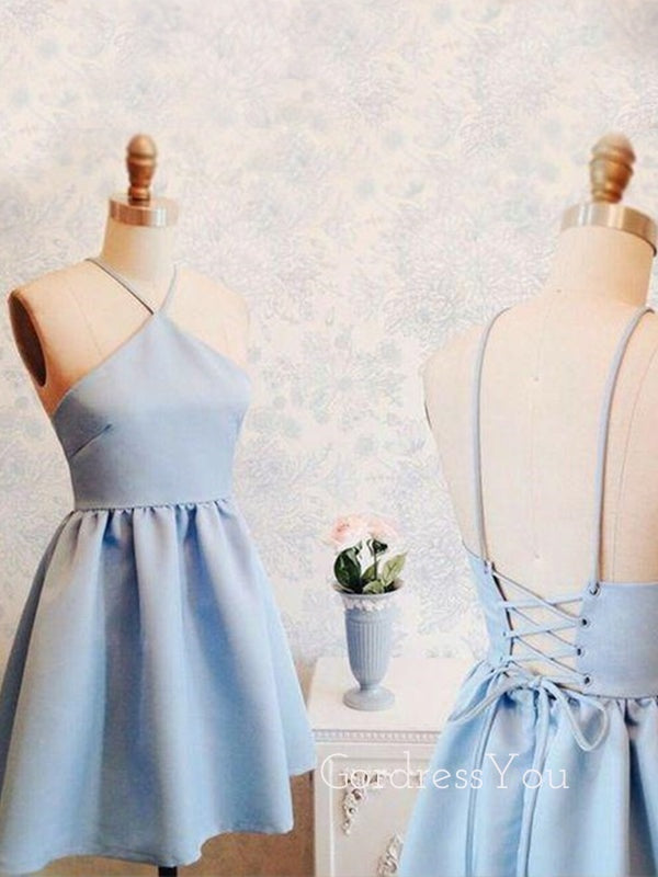 Blue Satin A-line Spaghetti Straps Short Homecoming Dresses, HM1084