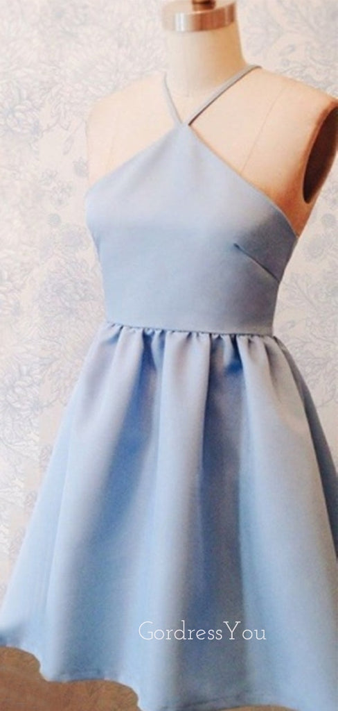 Blue Satin A-line Spaghetti Straps Short Homecoming Dresses, HM1084