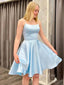 Simple Spaghetti Straps Blue Satin A-line Short Homecoming Dresses, HM1086