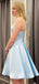 Simple Spaghetti Straps Blue Satin A-line Short Homecoming Dresses, HM1086