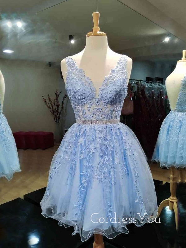 V-neck Blue Tulle Appliques A-line Short Homecoming Dresses, HM1088