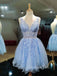 V-neck Blue Tulle Appliques A-line Short Homecoming Dresses, HM1088