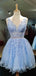 V-neck Blue Tulle Appliques A-line Short Homecoming Dresses, HM1088