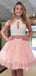 Two Pieces Halter Tulle Beaded A-line Short Homecoming Dresses, HM1089