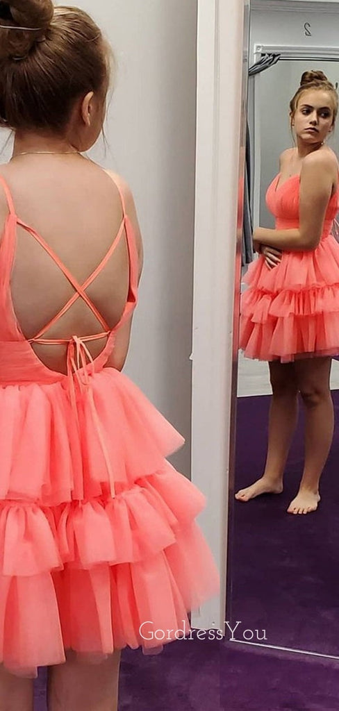 A-line Orange Tulle Spaghetti Straps Short Homecoming Dresses, HM1094