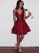 Red Satin Spaghetti Straps A-line Short V-neck Homecoming Dresses, HM1098