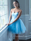 A-line Blue Tulle Strapless Short Homecoming Dresses, HM1100