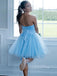 A-line Blue Tulle Strapless Short Homecoming Dresses, HM1100