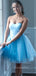 A-line Blue Tulle Strapless Short Homecoming Dresses, HM1100