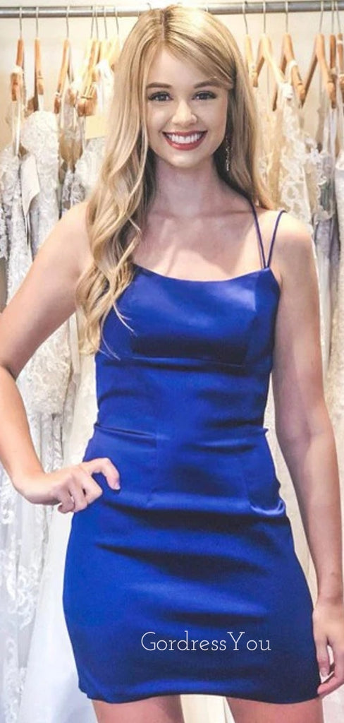 Royal Blue Satin Spaghetti Straps Mermaid Short Homecoming Dresses, HM1101